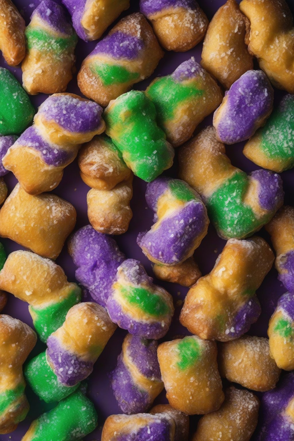 A high-resolution close-up photo of colorful king cake beignets with purple, green, and gold sugars under soft lighting.