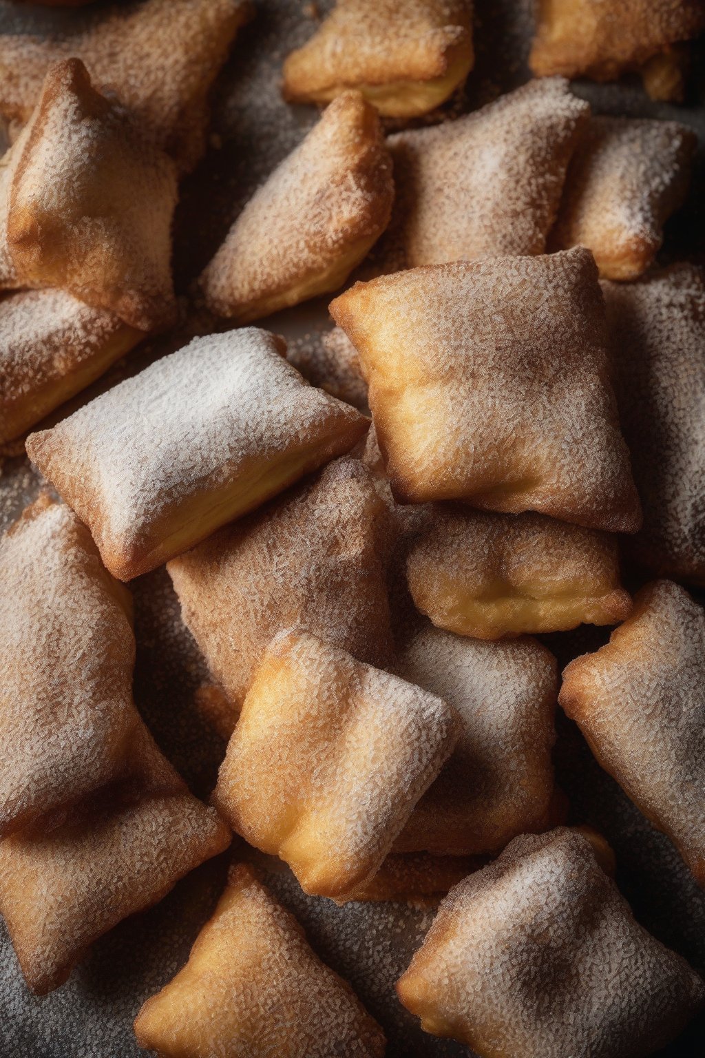 A high-resolution close-up photo of chicory-infused beignets dusted with coffee sugar under soft lighting.