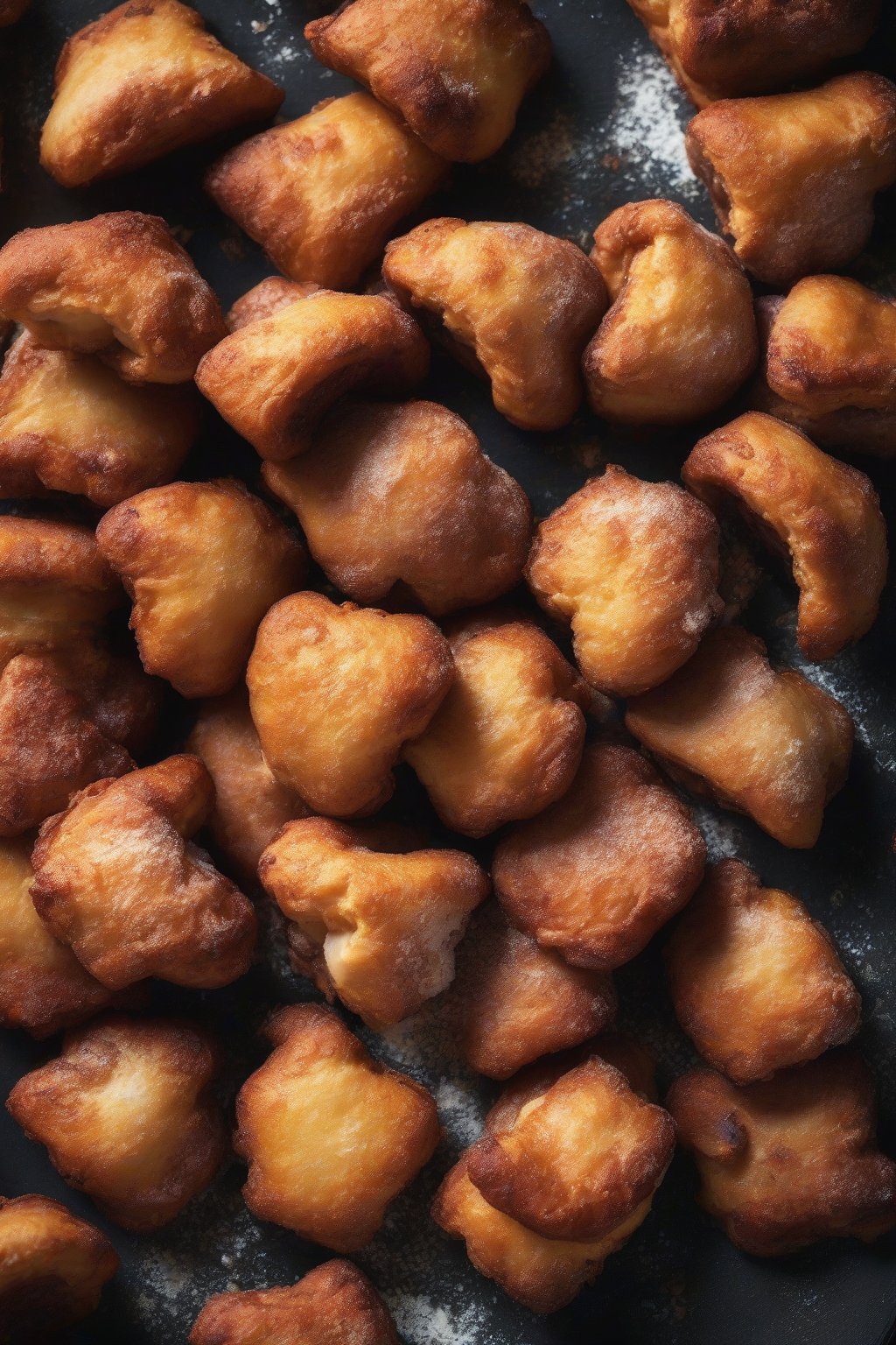 A high-resolution close-up photo of andouille sausage beignets with charred edges under soft lighting.