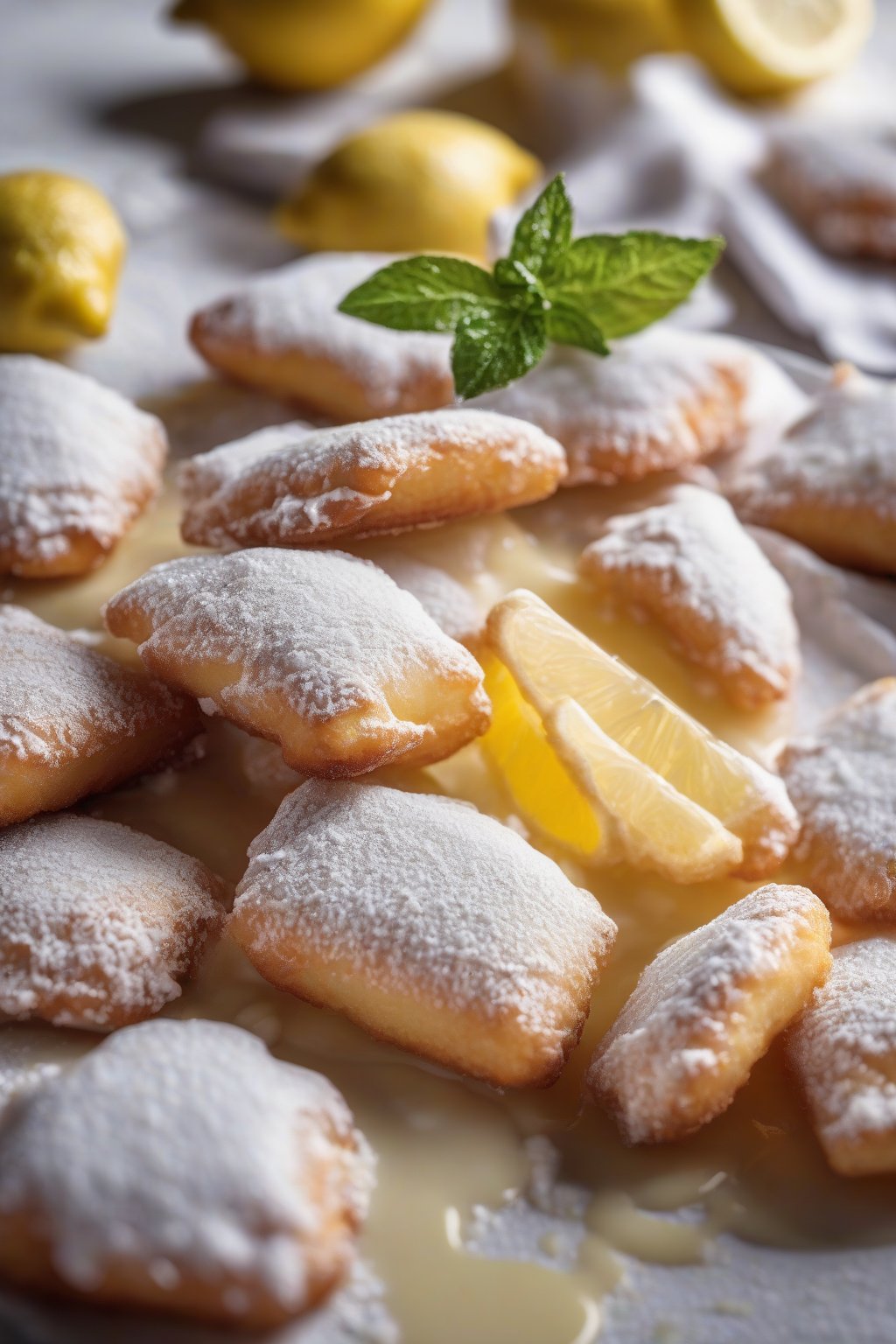 A high-resolution close-up photo of lemon-zested beignets with glossy beurre blanc sauce under soft lighting.