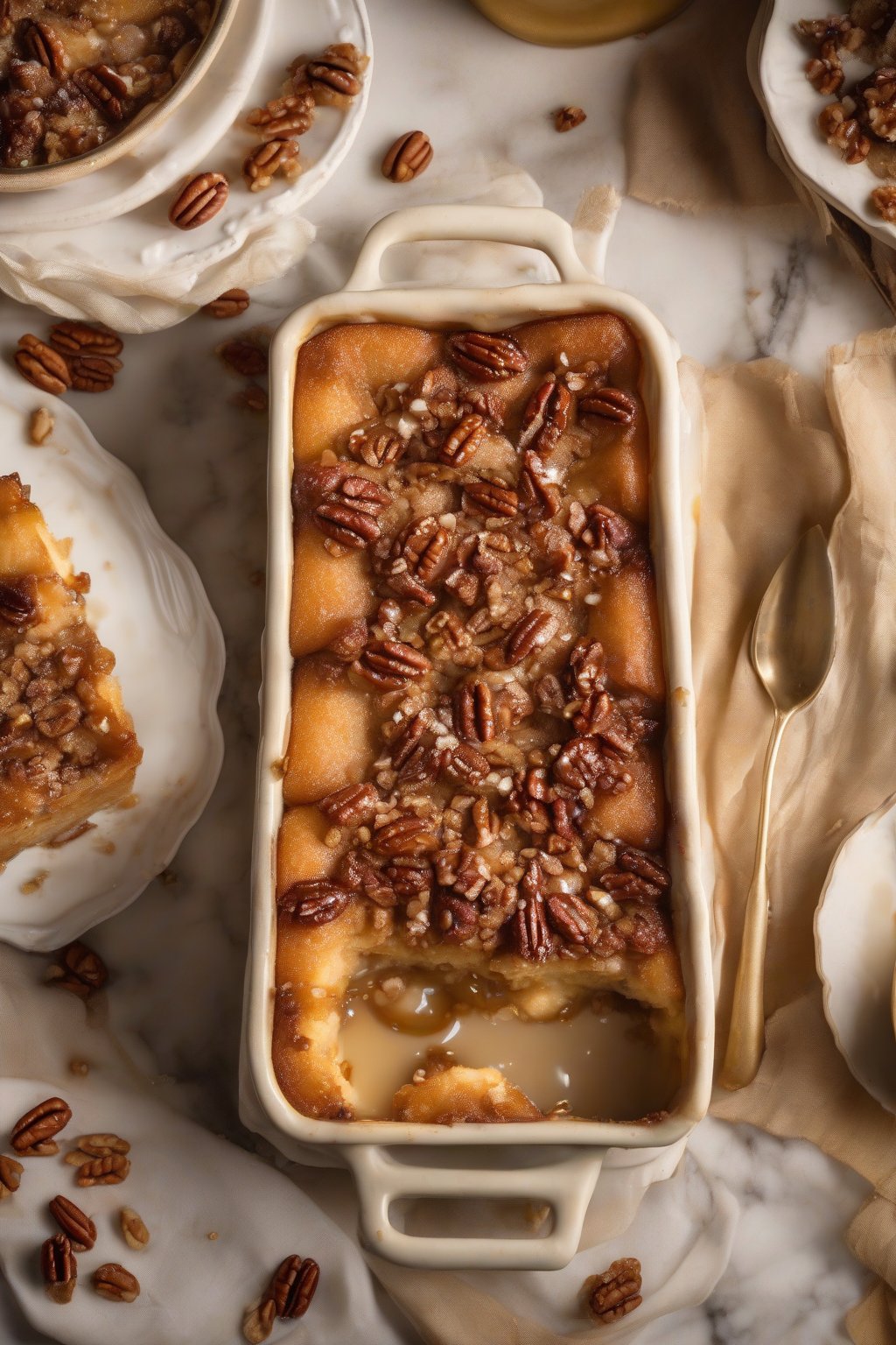 A high-resolution close-up photo of golden beignet bread pudding with pecan topping under soft lighting.