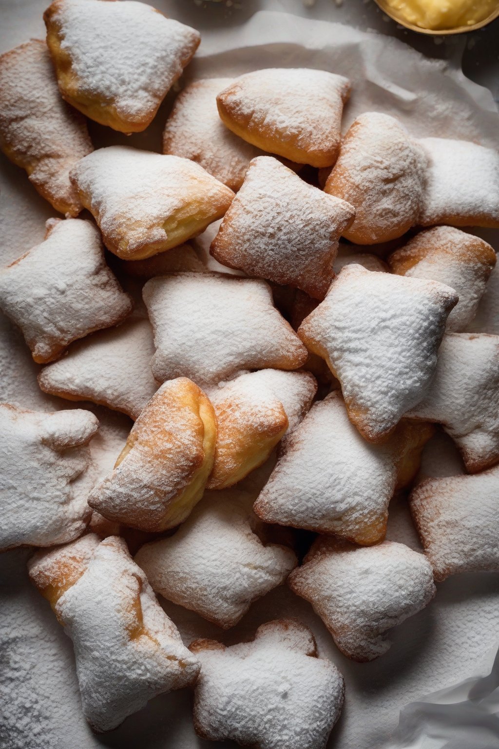 A high-resolution close-up photo of gluten-free beignets puffed and powdered under soft lighting.