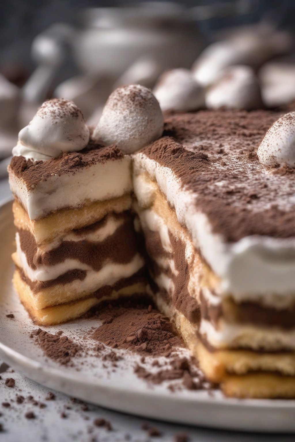 A high-resolution close-up photo of layered vegan beignet tiramisu with cocoa dust under soft lighting.