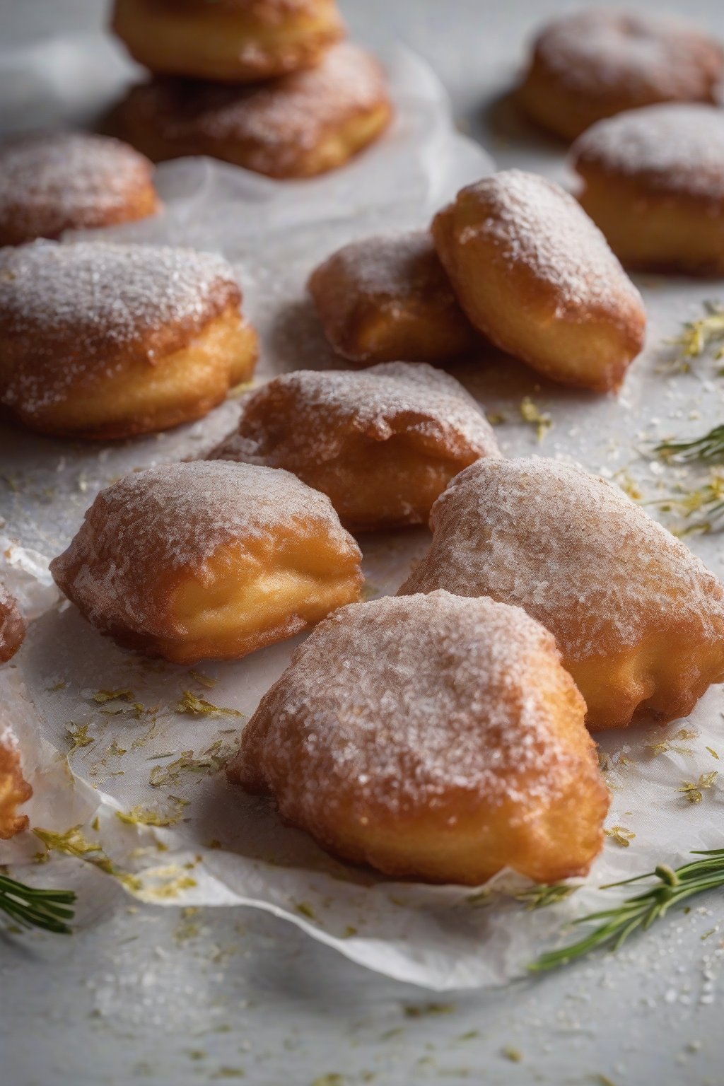 A high-resolution close-up photo of spice-glazed Sazerac beignets with fennel flecks under soft lighting.