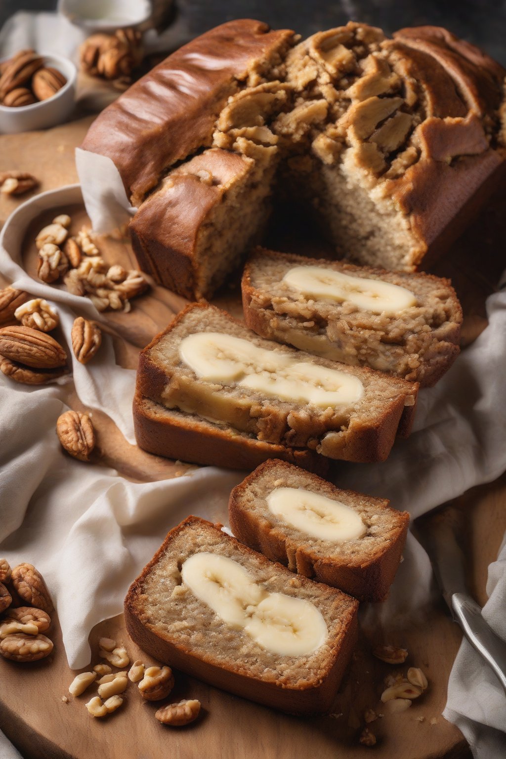A high-resolution photo of sliced cheesecake-stuffed banana nut bread revealing the creamy center, under soft lighting.