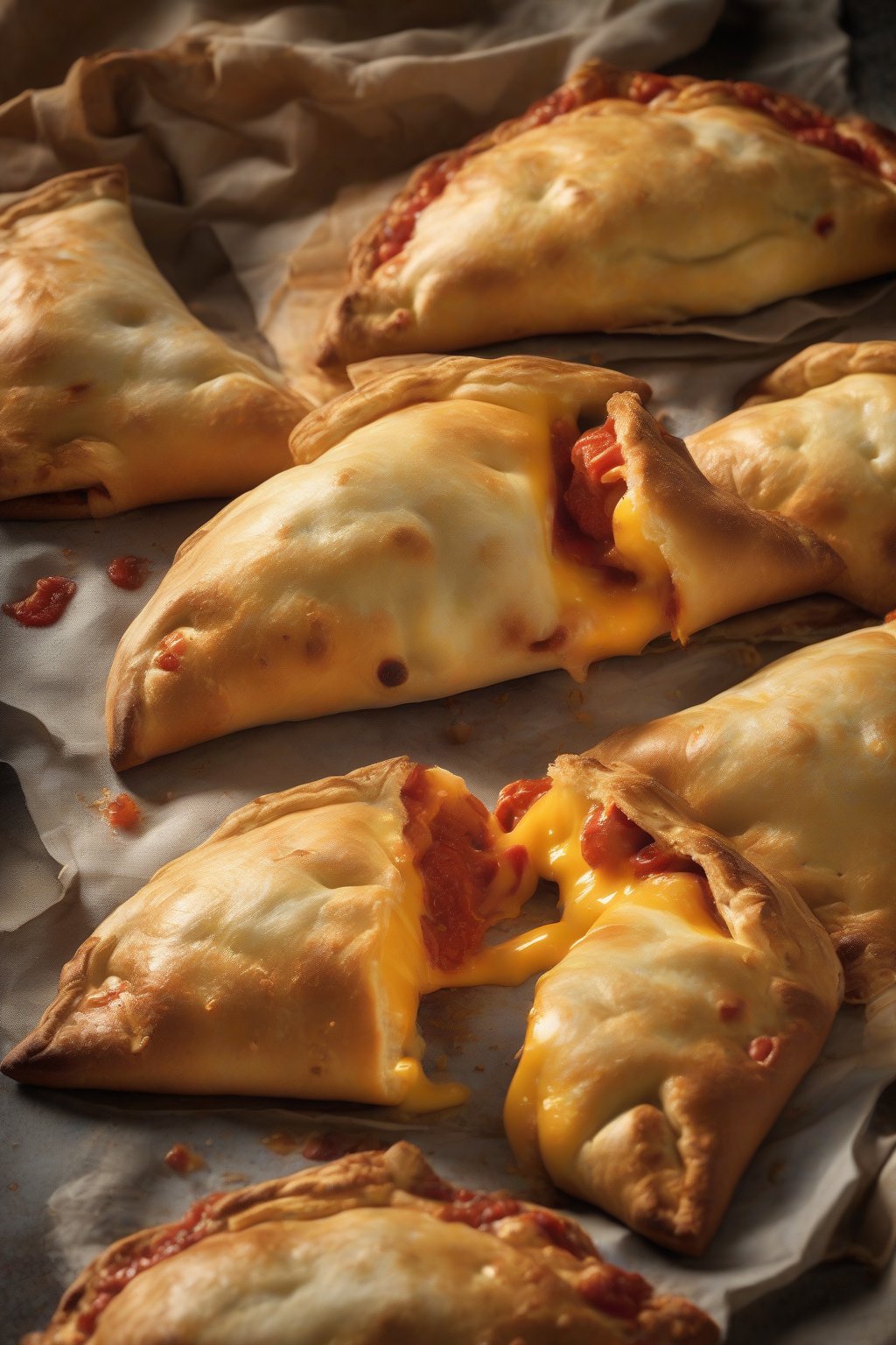 A high-resolution photo of golden pocket calzones oozing melted cheese with pepperoni peeking out, under soft lighting.