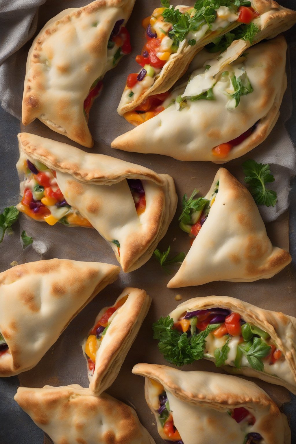 A high-resolution photo of veggie-packed pocket calzones sliced open to reveal colorful fillings and stringy cheese, under soft lighting.