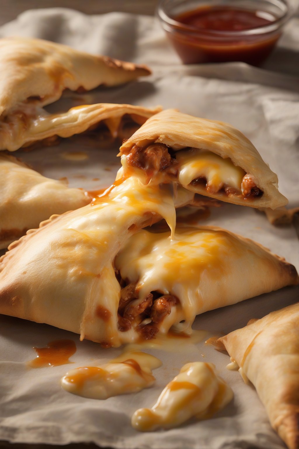 A high-resolution photo of BBQ chicken pocket calzones with sauce dripping and melted cheese pull, under soft lighting.