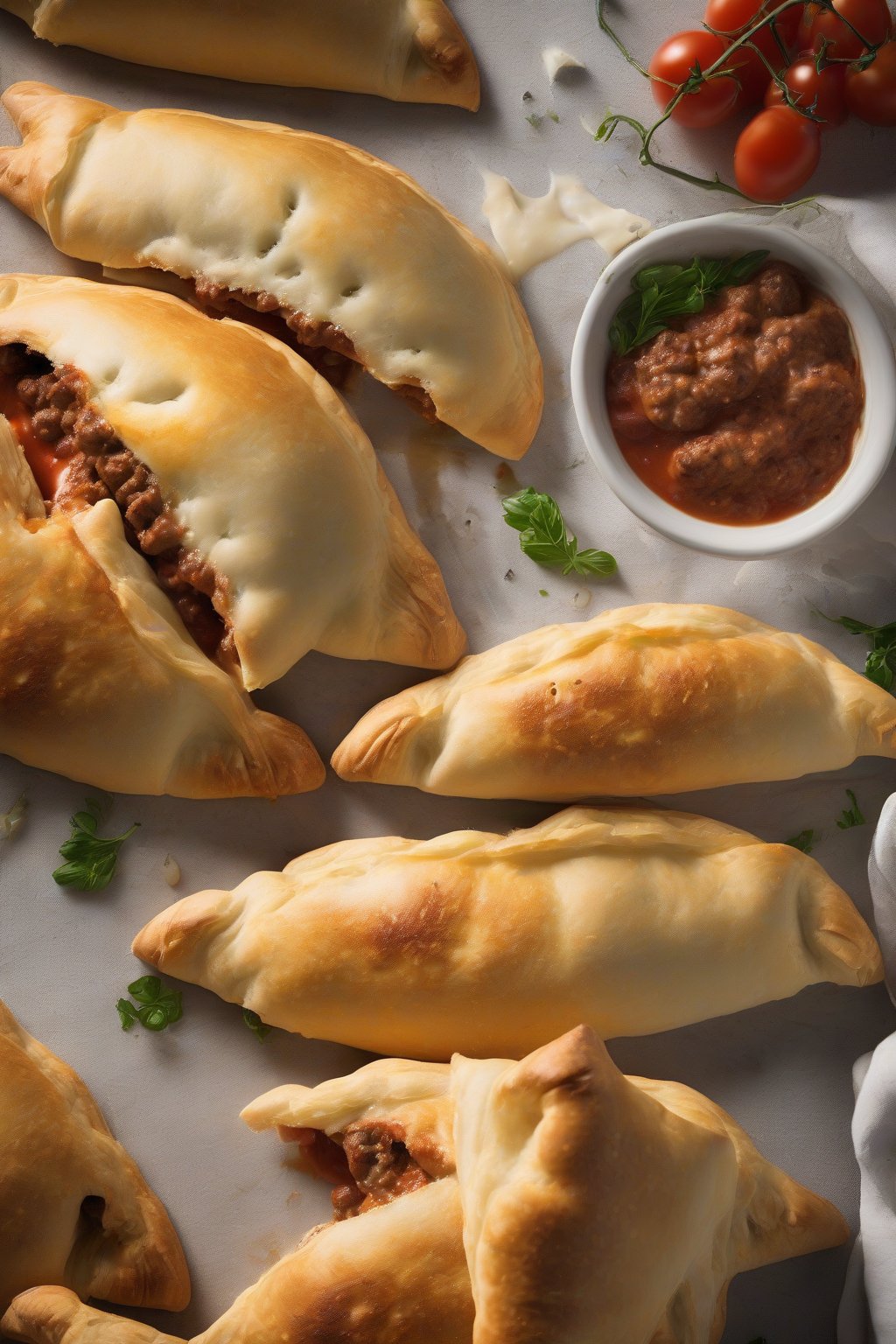 A high-resolution photo of meaty pocket calzones bursting with sausage and cheese, steam rising, under soft lighting.
