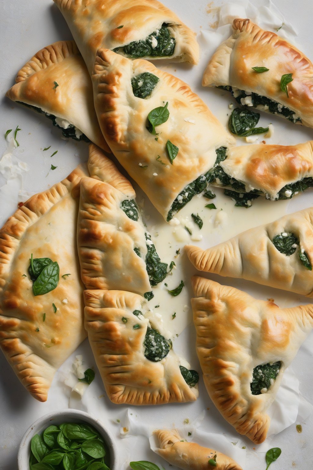A high-resolution photo of spinach feta pocket calzones with flaky crust and green flecks amid white cheese, under soft lighting.