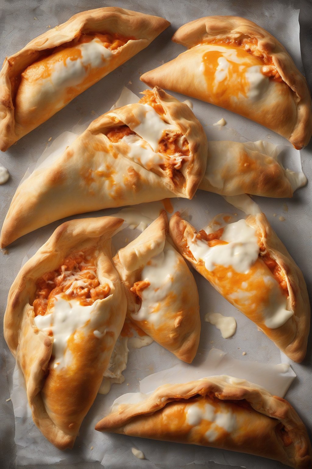 A high-resolution photo of buffalo chicken pocket calzones with fiery sauce streaks and gooey cheese, under soft lighting.