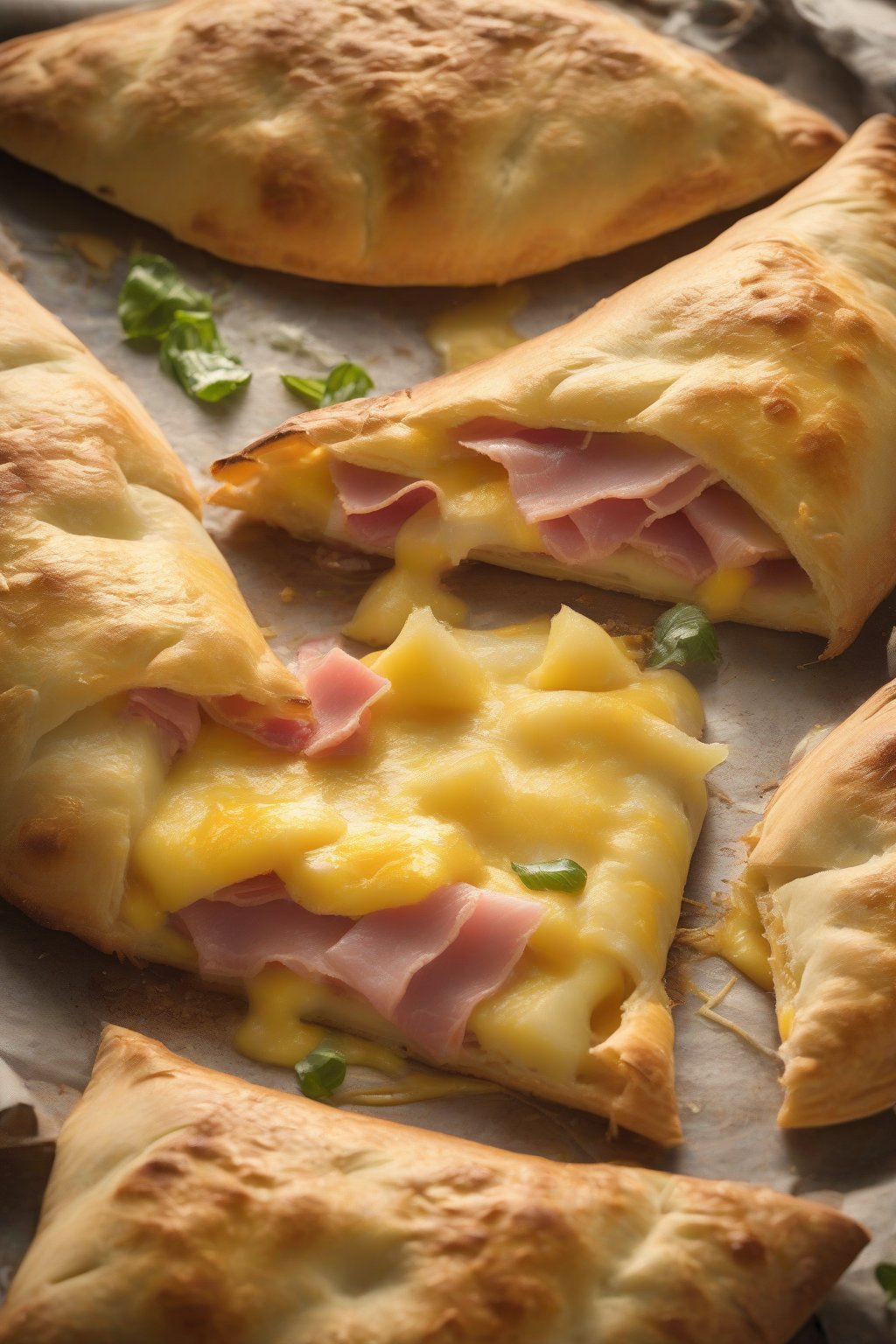 A high-resolution photo of Hawaiian pocket calzones showing pineapple chunks and ham amid melted cheese, under soft lighting.