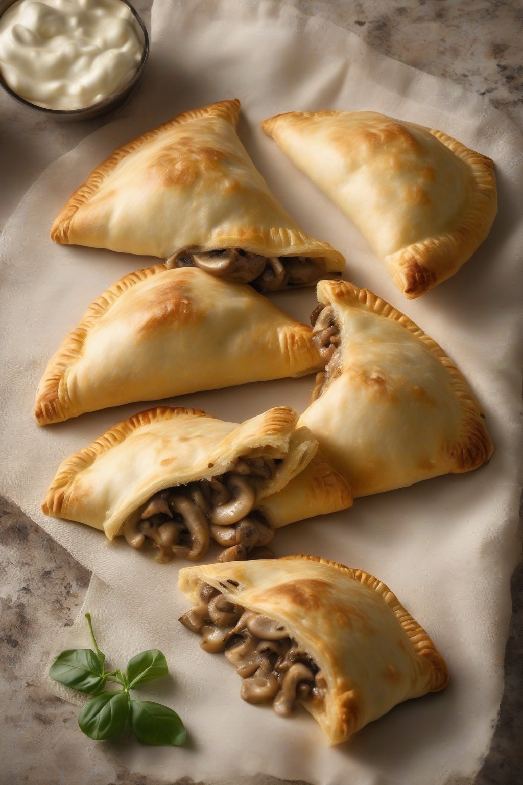 A high-resolution photo of mushroom sausage pocket calzones sliced to expose juicy fillings and cheese strings, under soft lighting.