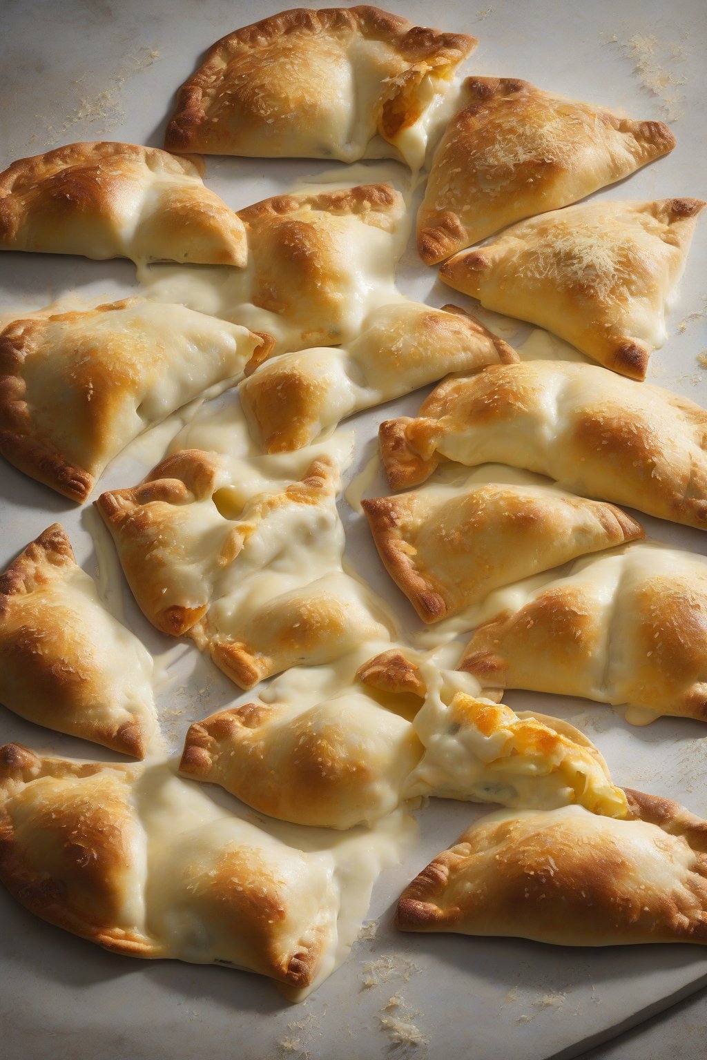 A high-resolution photo of four-cheese pocket calzones with rivers of molten cheese escaping the crust, under soft lighting.