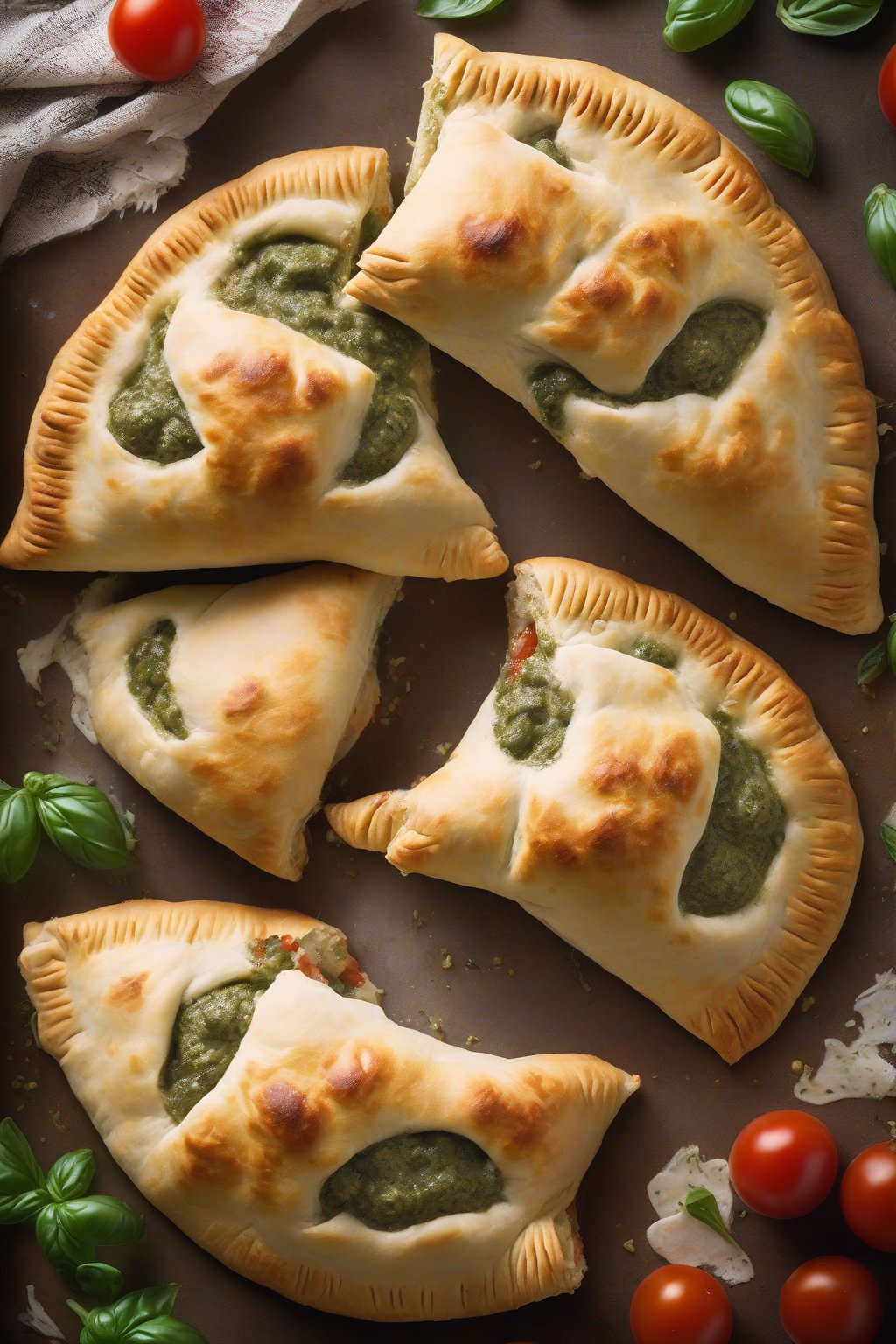 A high-resolution photo of pesto chicken pocket calzones with green swirls and red tomato accents in cheesy filling, under soft lighting.