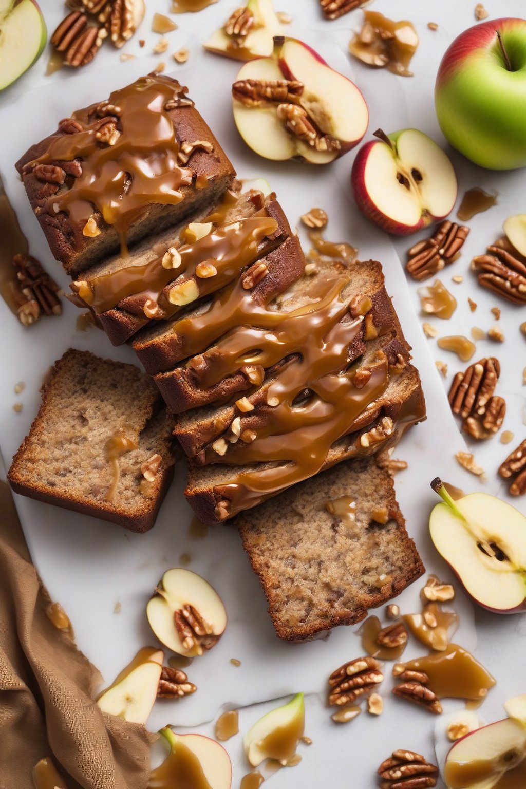 A high-resolution photo of caramel apple pecan banana nut bread dripping with caramel, studded with apple pieces, under soft lighting.