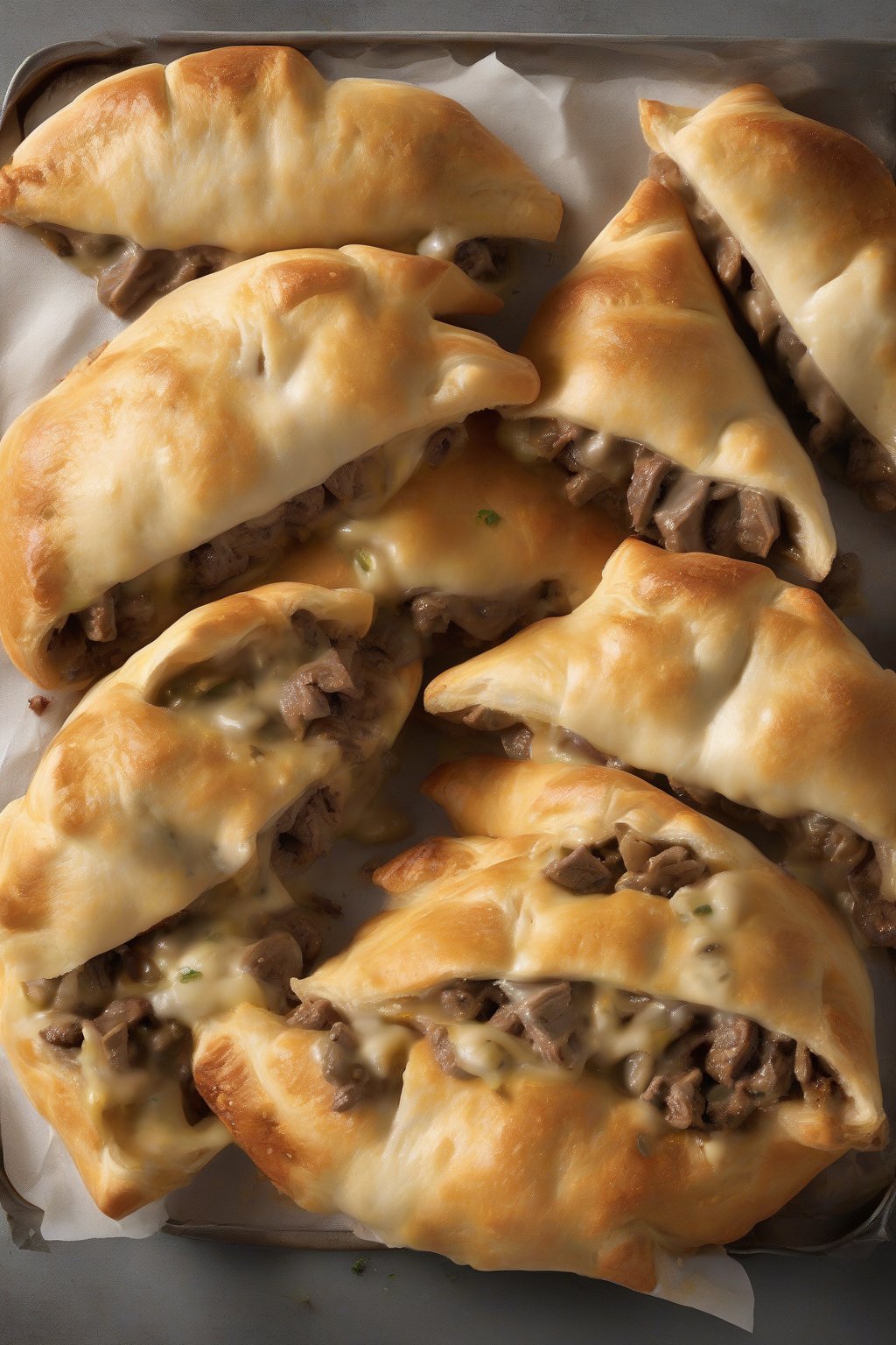 A high-resolution photo of Philly cheesesteak pocket calzones oozing cheese with steak strips visible, under soft lighting.