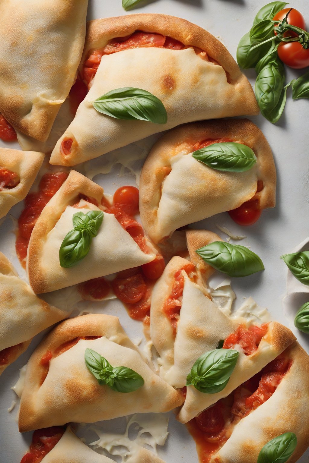 A high-resolution photo of margherita pocket calzones with basil leaves and fresh tomato slices amid cheese, under soft lighting.