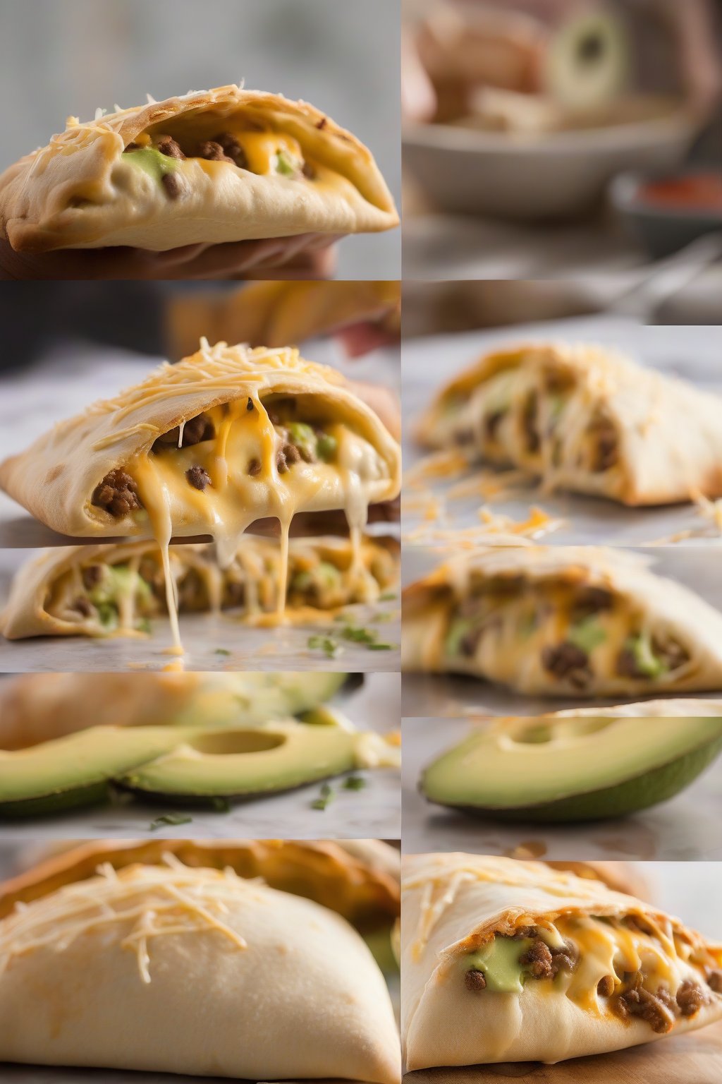 A high-resolution photo of taco pocket calzones topped with avocado and dripping cheese, under soft lighting.