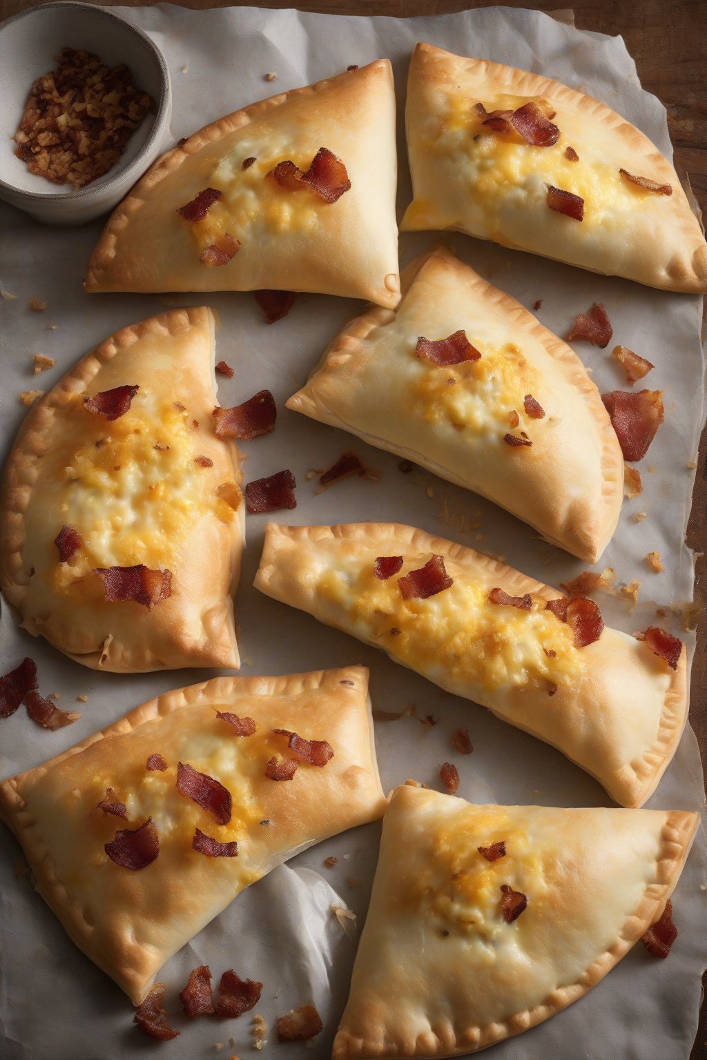 A high-resolution photo of breakfast pocket calzones with eggy filling and crispy bacon bits peeking through cheese, under soft lighting.