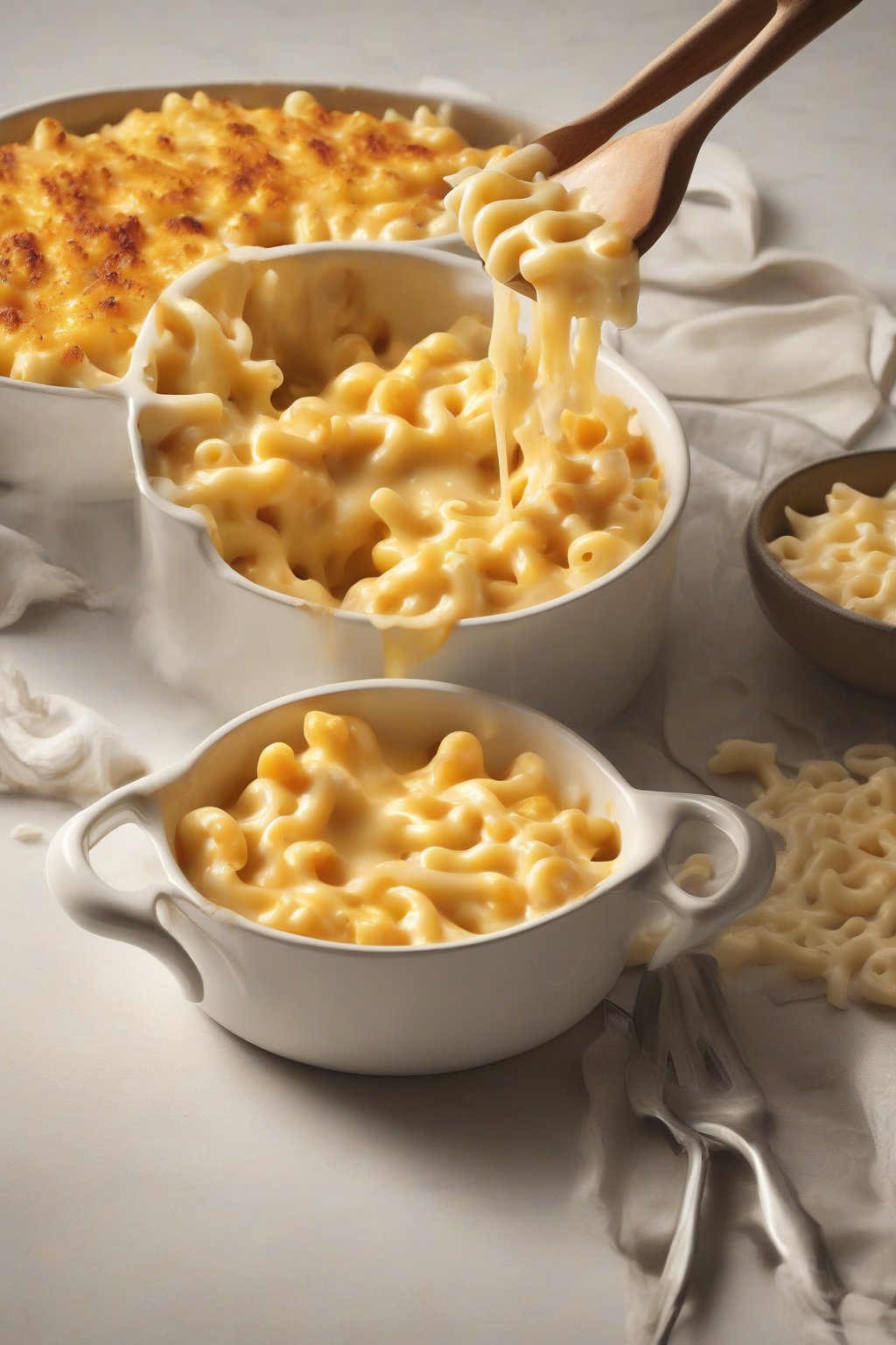 A high-resolution photo of a steaming bowl of classic stovetop mac and cheese topped with melted cheddar under soft lighting.