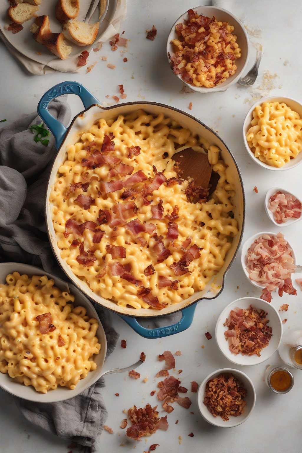 A high-resolution photo of one-pot bacon mac and cheese with crispy bacon bits scattered on top under soft lighting.