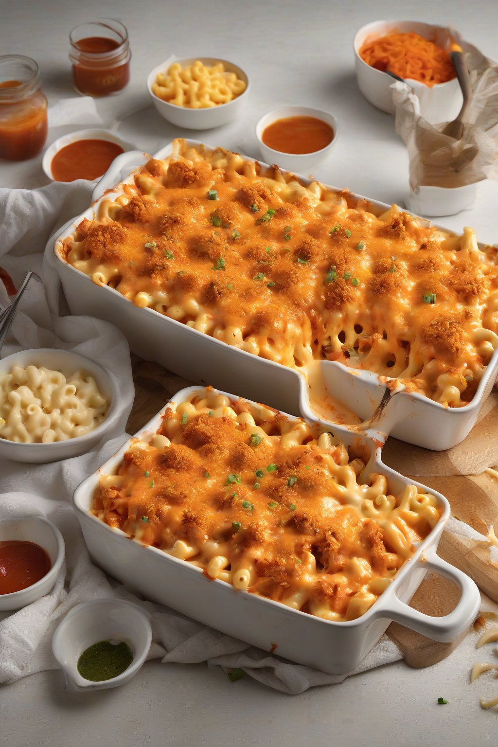 A high-resolution photo of buffalo chicken mac and cheese drizzled with extra hot sauce under soft lighting.