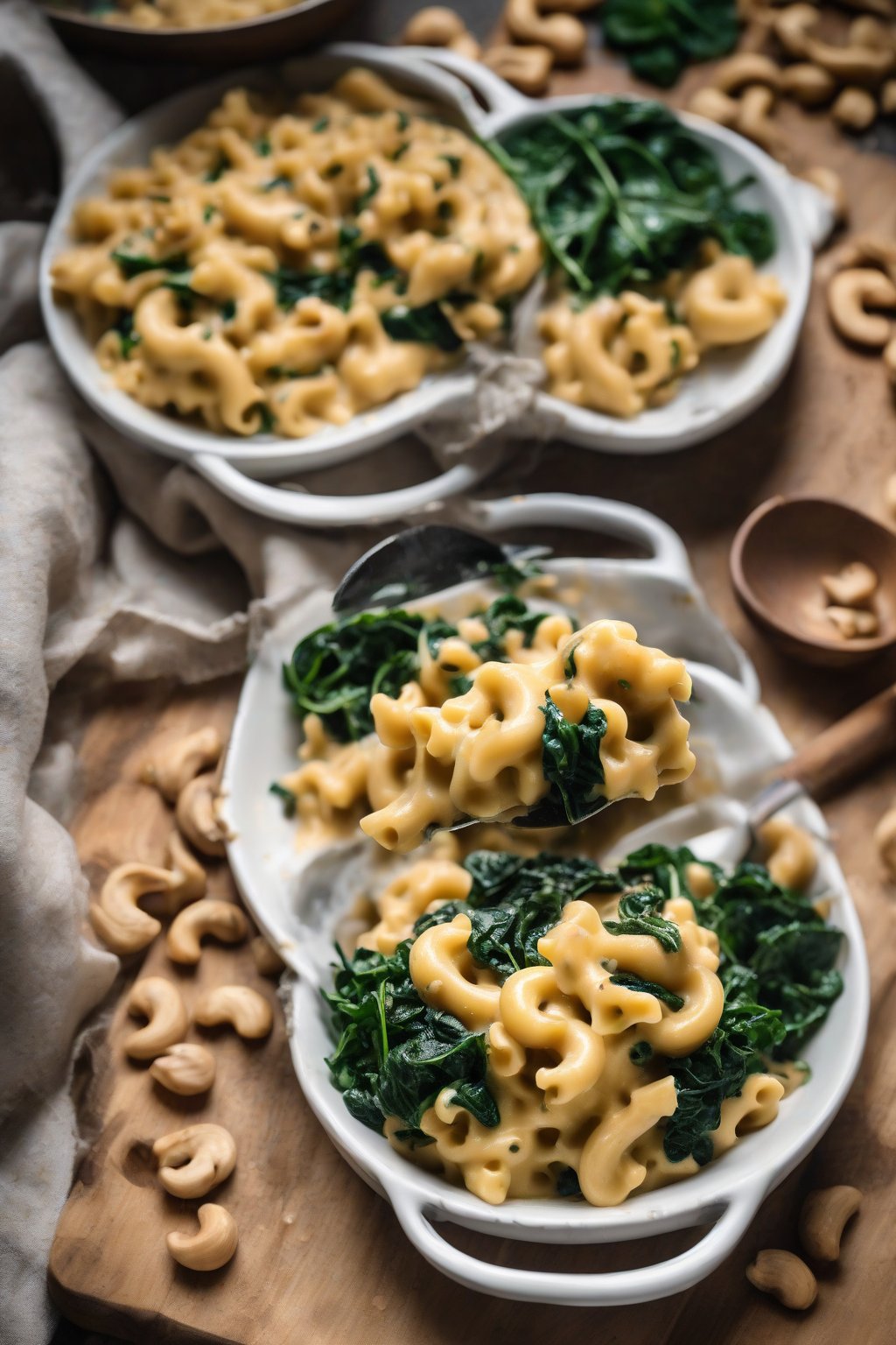 A high-resolution photo of creamy vegan cashew mac and cheese with wilted spinach under soft lighting.