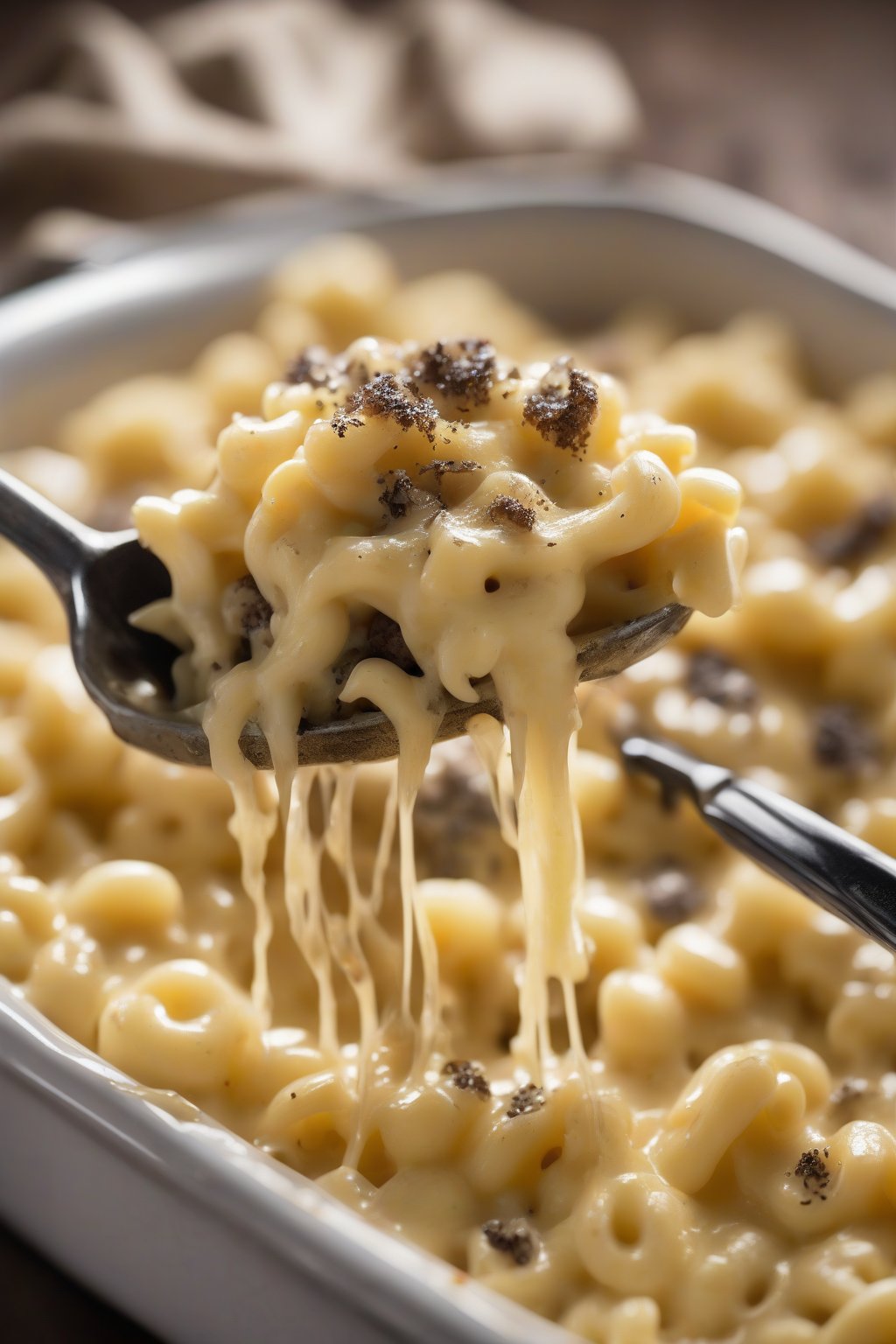 A high-resolution photo of truffle-infused mac and cheese glistening with oil under soft lighting.