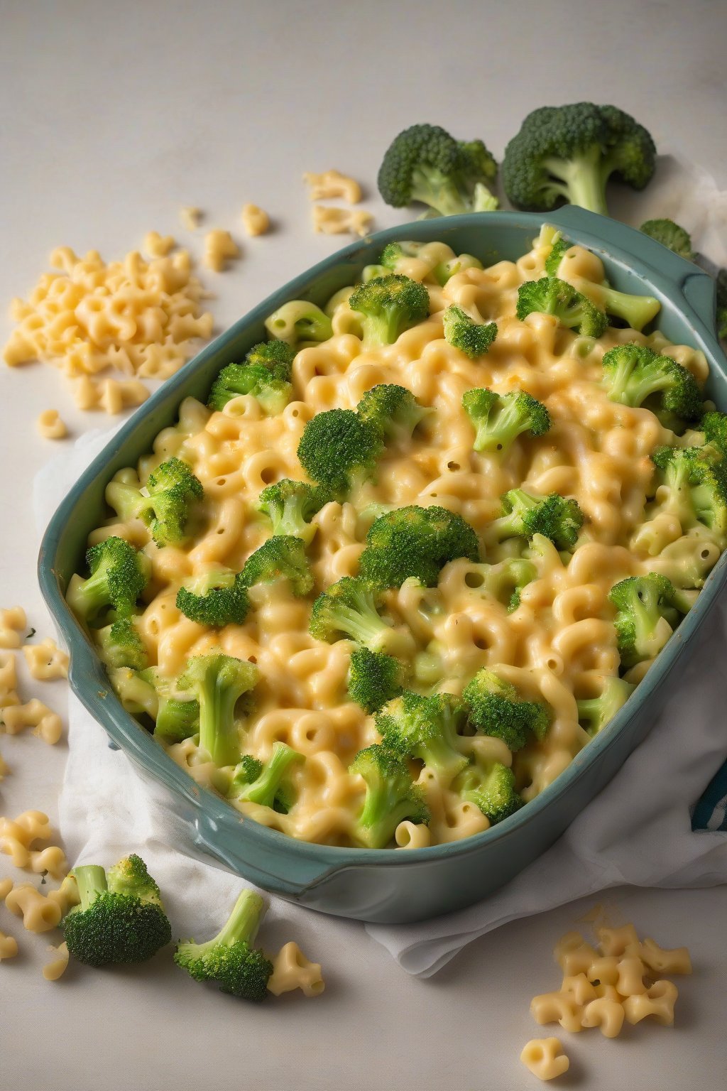 A high-resolution photo of vibrant green broccoli cheddar mac and cheese under soft lighting.