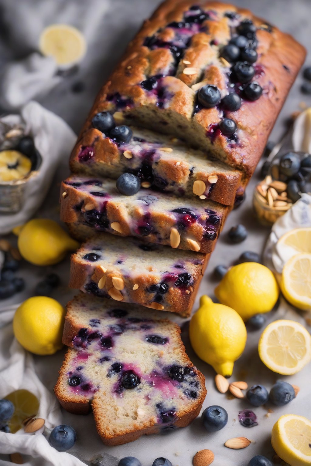 A high-resolution photo of blueberry lemon almond banana nut bread bursting with berries and lemon glaze, under soft lighting.