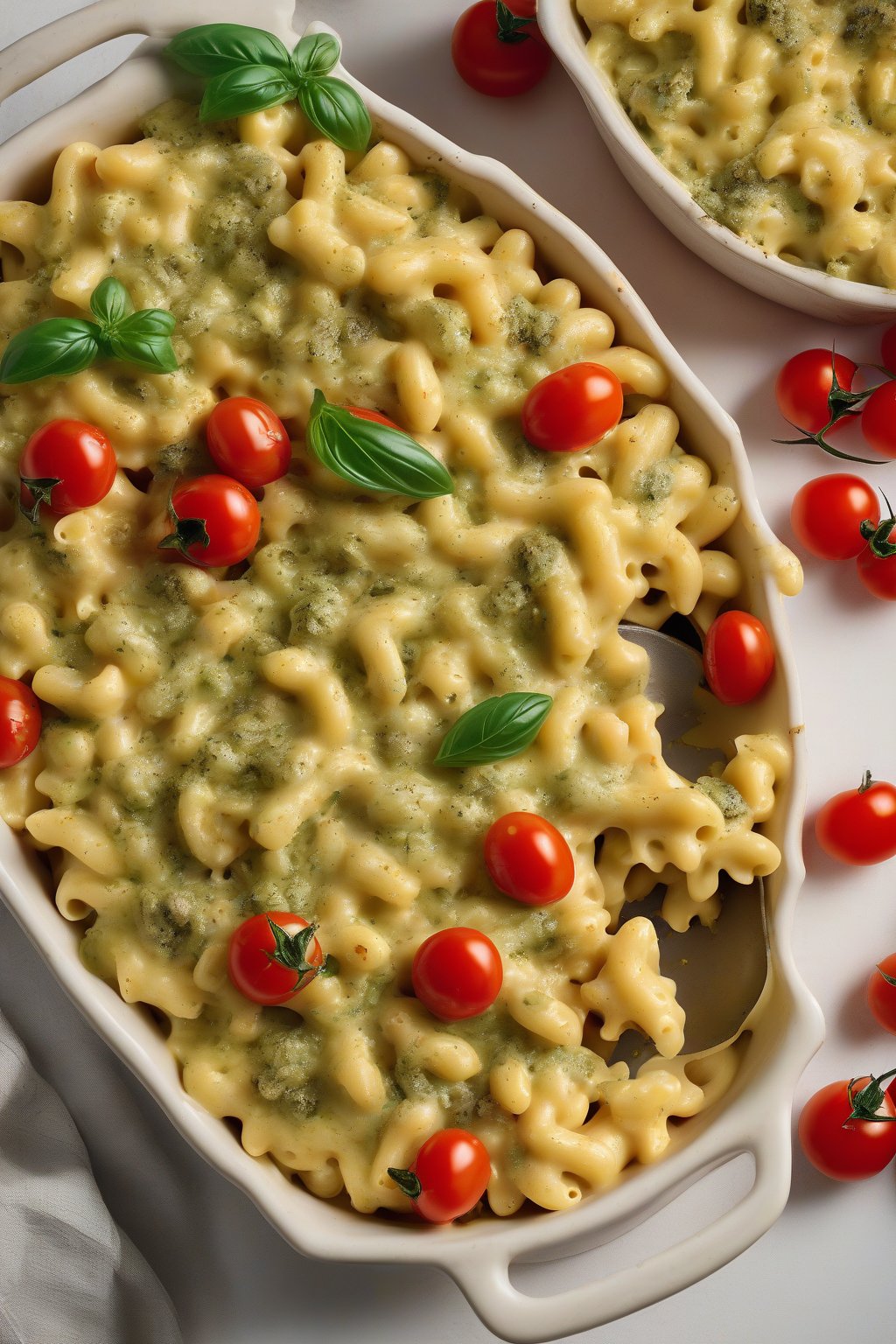 A high-resolution photo of pesto mac and cheese topped with halved cherry tomatoes under soft lighting.