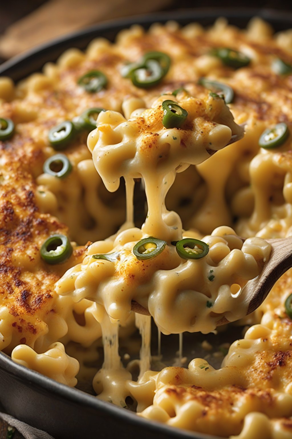 A high-resolution photo of jalapeño-flecked spicy mac and cheese with melted cheese pull under soft lighting.