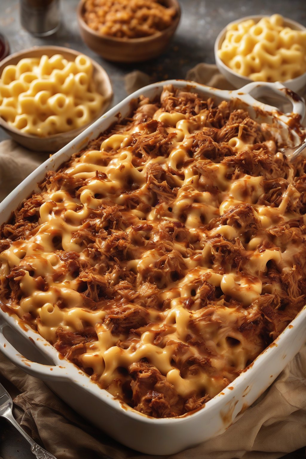 A high-resolution photo of BBQ pulled pork mac and cheese with sauce drips under soft lighting.