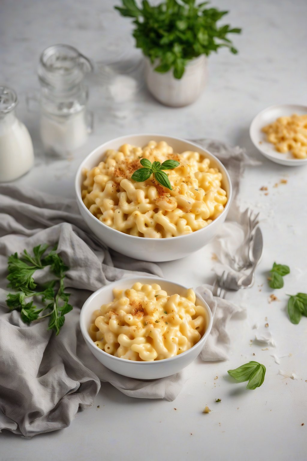 A high-resolution photo of smooth Greek yogurt mac and cheese in a white bowl under soft lighting.