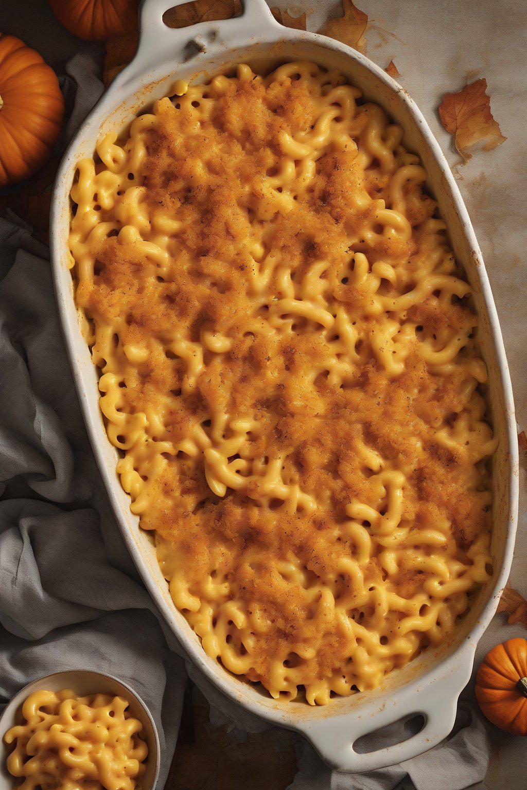 A high-resolution photo of orange-tinged pumpkin mac and cheese under soft lighting.