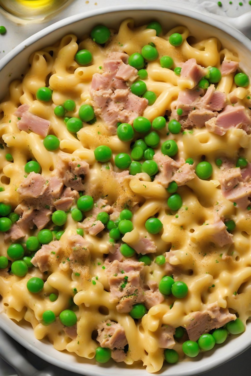 A high-resolution photo of tuna mac and cheese with peas and flaky tuna under soft lighting.