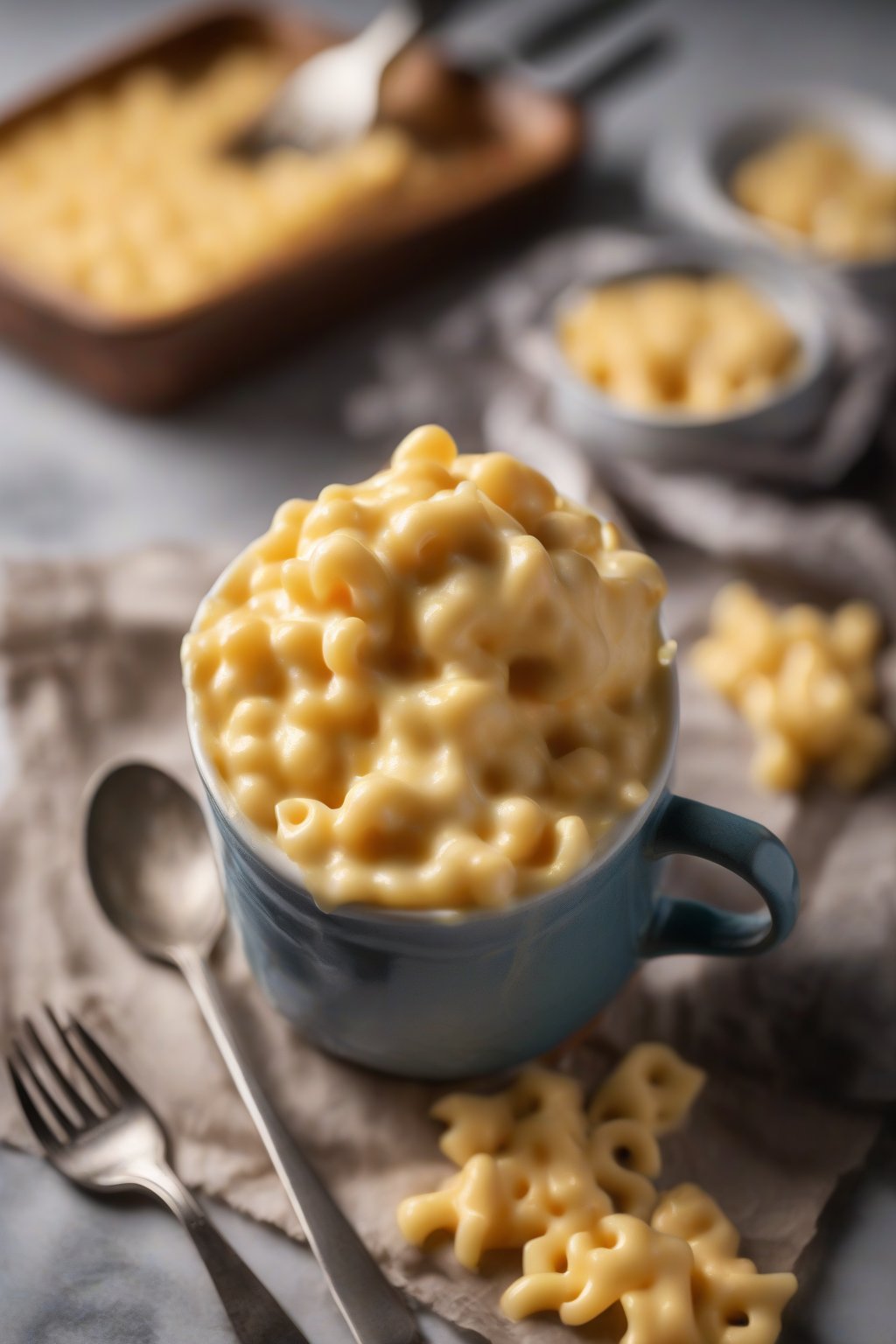 A high-resolution photo of a mug of microwave mac and cheese with gooey cheese under soft lighting.