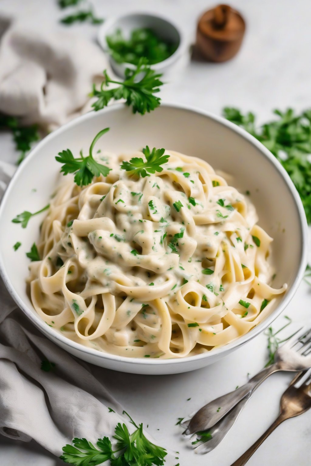 A high-resolution photo of a bowl of fettuccine tossed in creamy white Alfredo sauce, garnished with fresh parsley, under soft lighting.