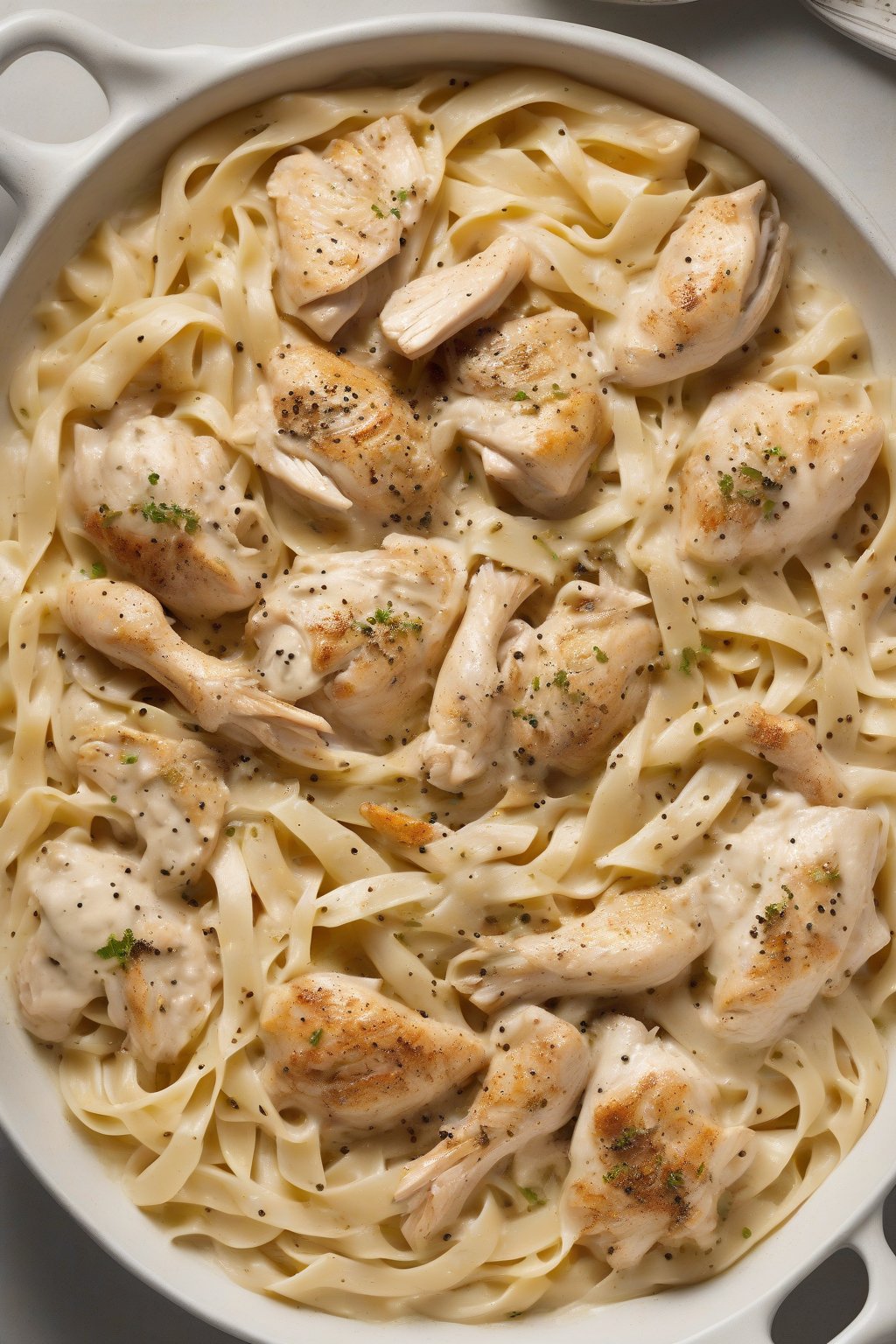A high-resolution photo of fettuccine alfredo topped with golden chicken pieces and black pepper, steam rising, under soft lighting.