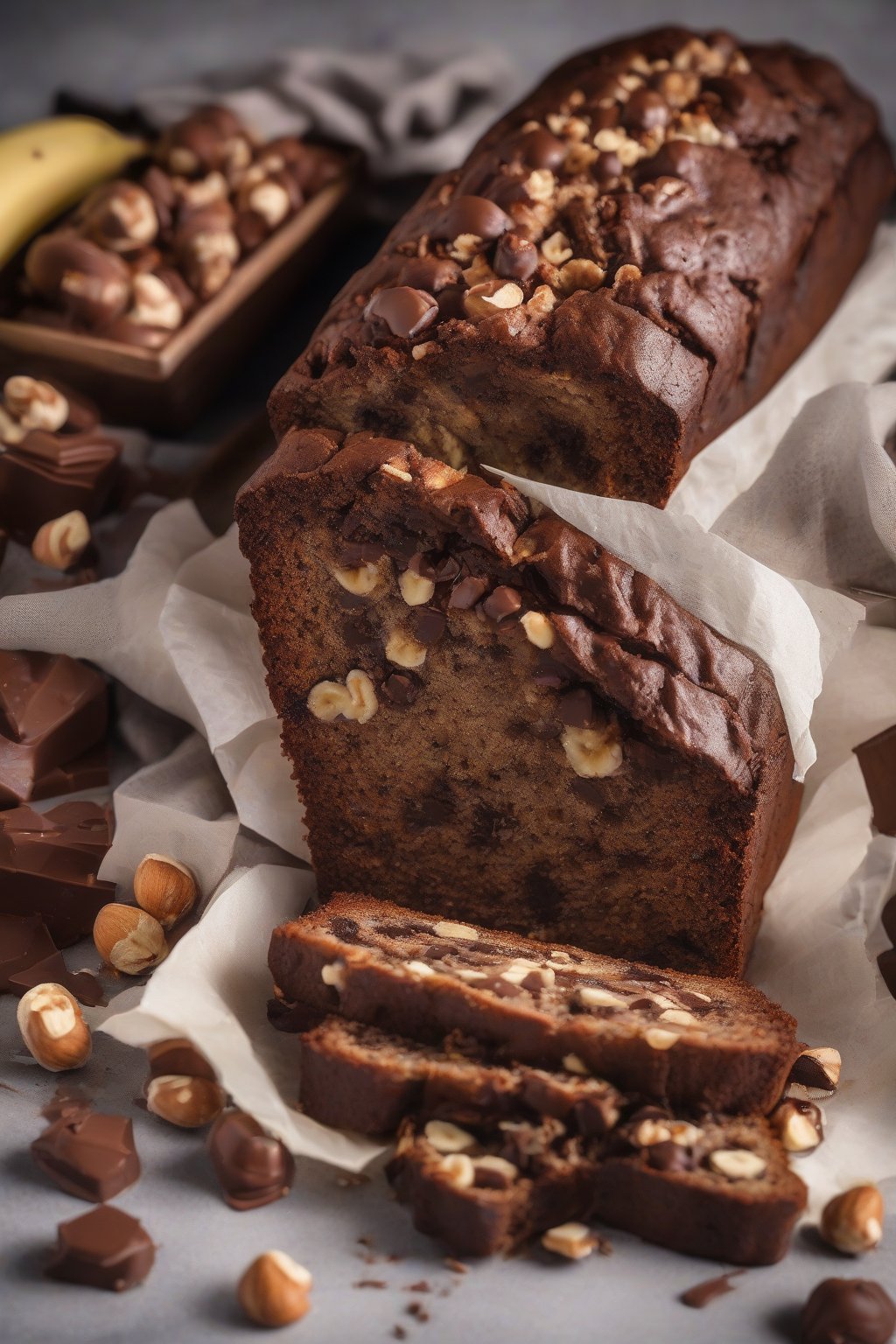 A high-resolution photo of chocolate hazelnut banana nut bread with hazelnut pieces and melty chocolate, under soft lighting.
