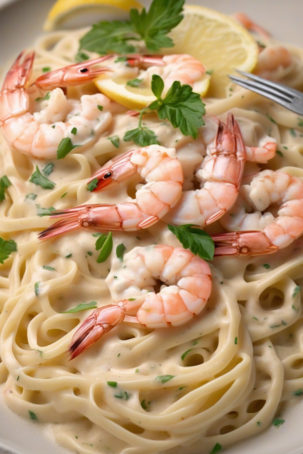 A high-resolution photo of creamy Alfredo sauce with plump pink shrimp and lemon slices over linguine, under soft lighting.