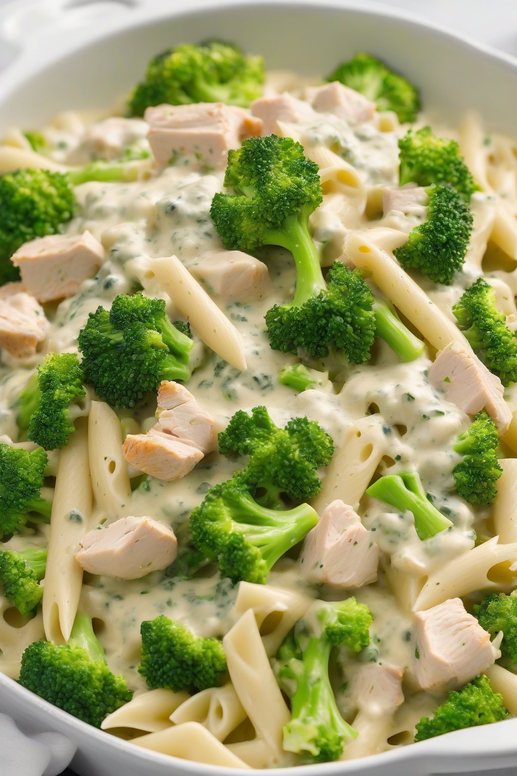 A high-resolution photo of green broccoli flecks in white Alfredo sauce with chicken chunks on penne, under soft lighting.