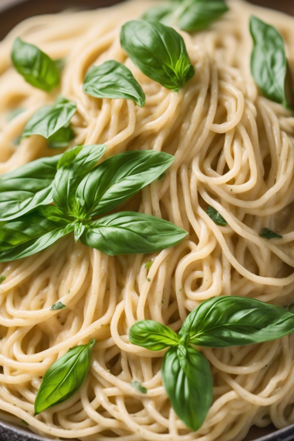 A high-resolution photo of vegan Alfredo coating spaghetti, topped with basil leaves, under soft lighting.