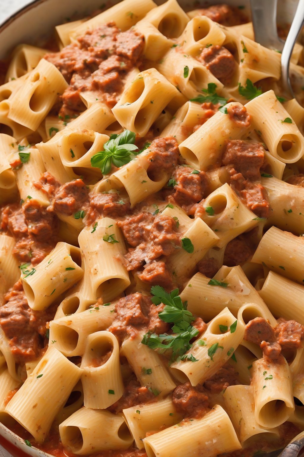 A high-resolution photo of rigatoni in red-flecked spicy Alfredo with sausage bits, under soft lighting.