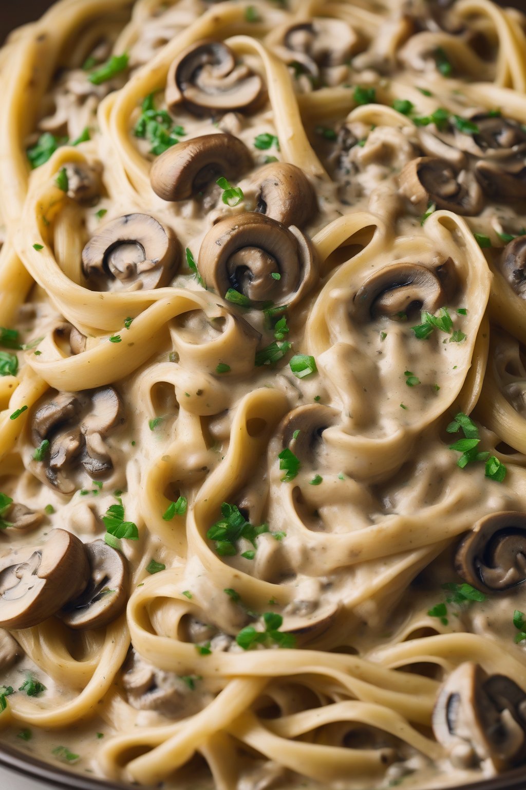 A high-resolution photo of fettuccine swirled with mushroom-studded creamy sauce, under soft lighting.