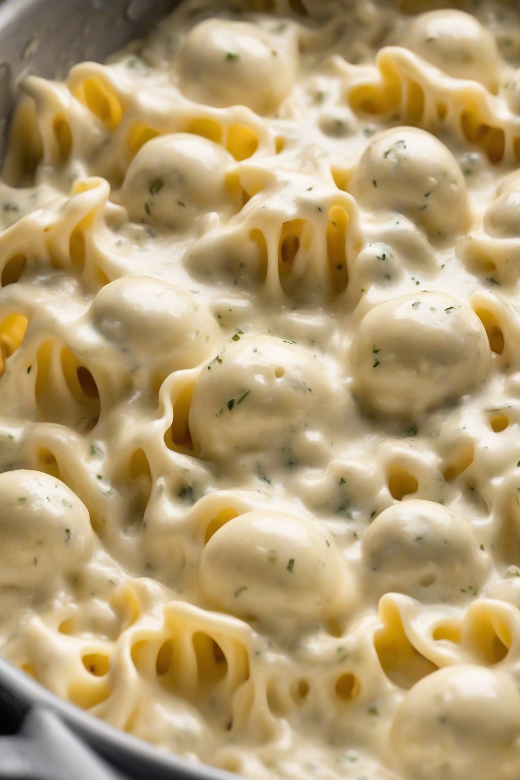 A high-resolution photo of gooey four-cheese Alfredo bubbling over shells, under soft lighting.