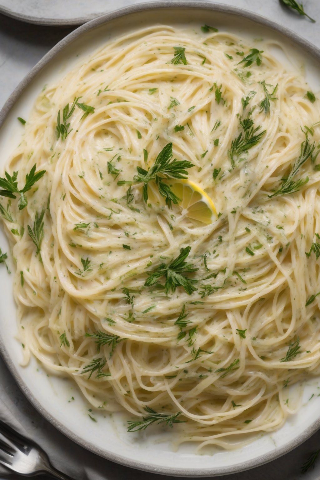 A high-resolution photo of lemon-zested Alfredo on angel hair with herb sprigs, under soft lighting.