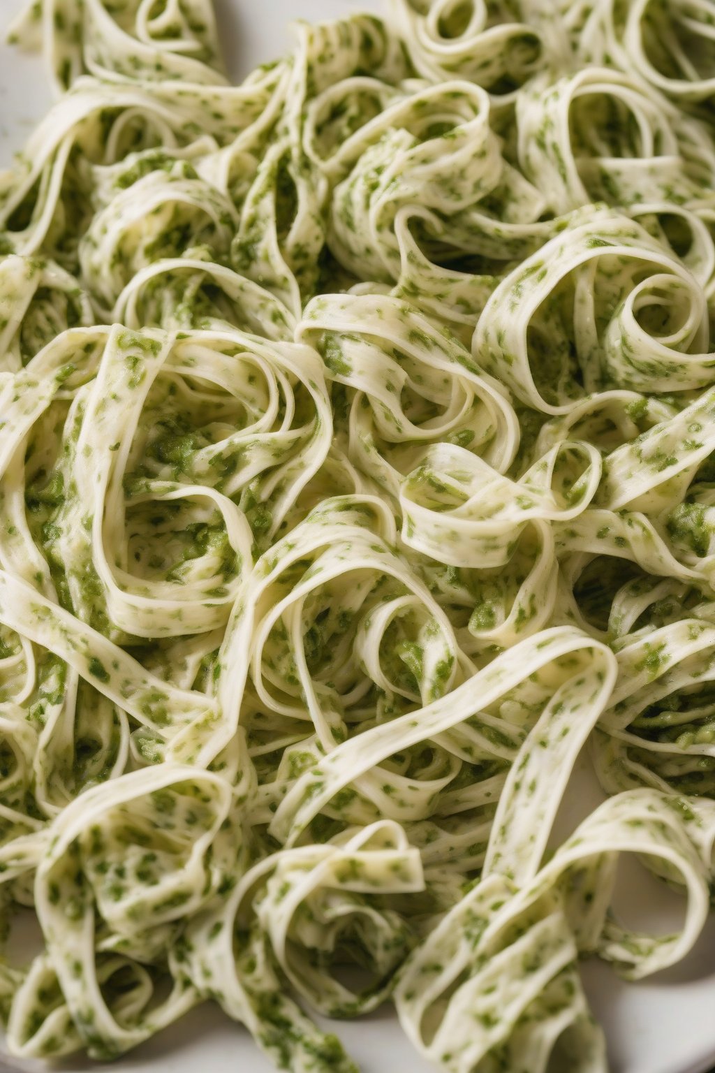 A high-resolution photo of green pesto ribbons in white Alfredo over bowties, under soft lighting.