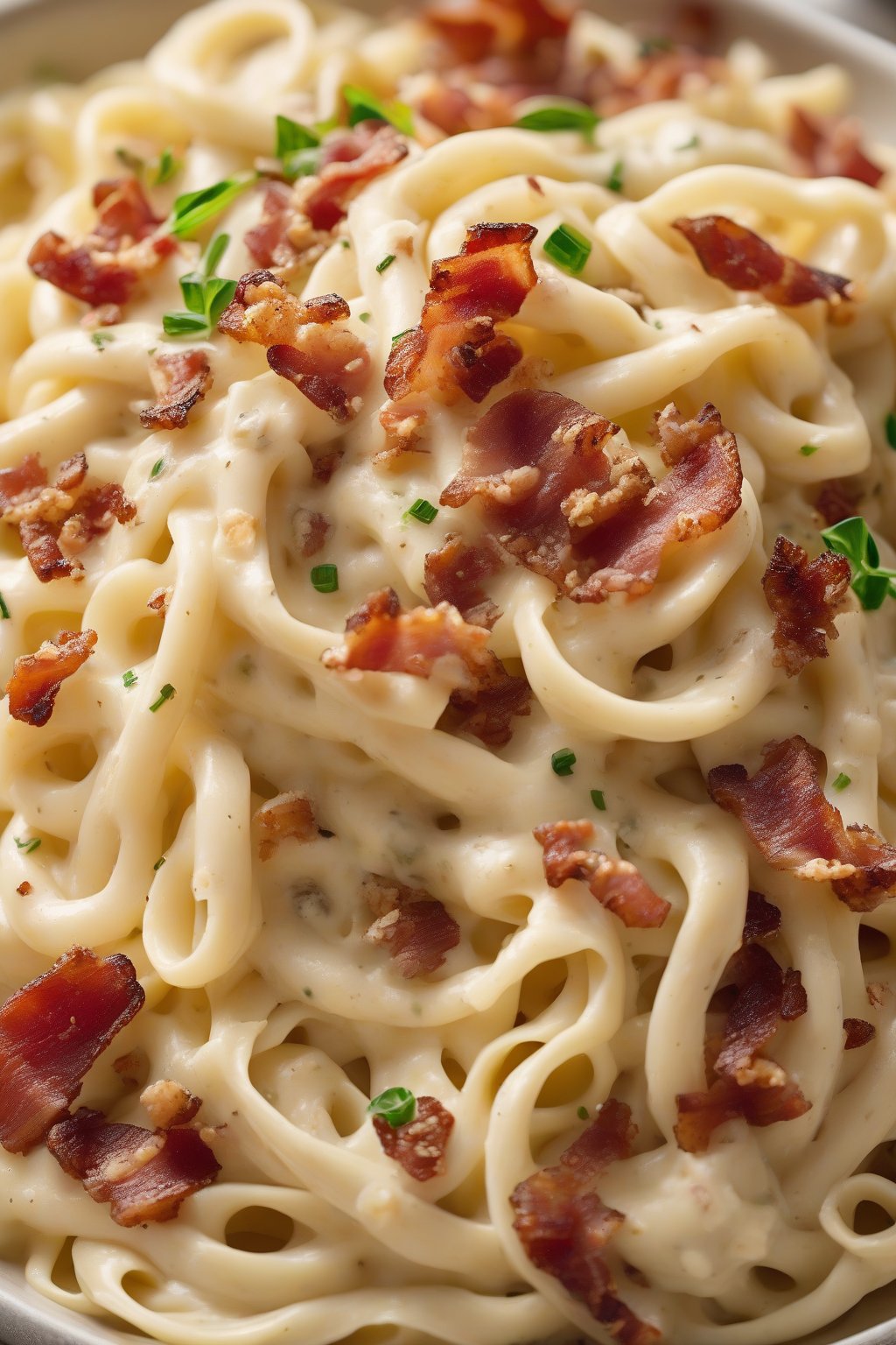A high-resolution photo of fettuccine Alfredo loaded with crispy bacon crumbles, under soft lighting.